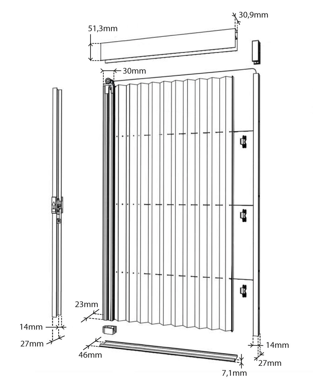 Schema afmetingen plissé hordeur in aluminium