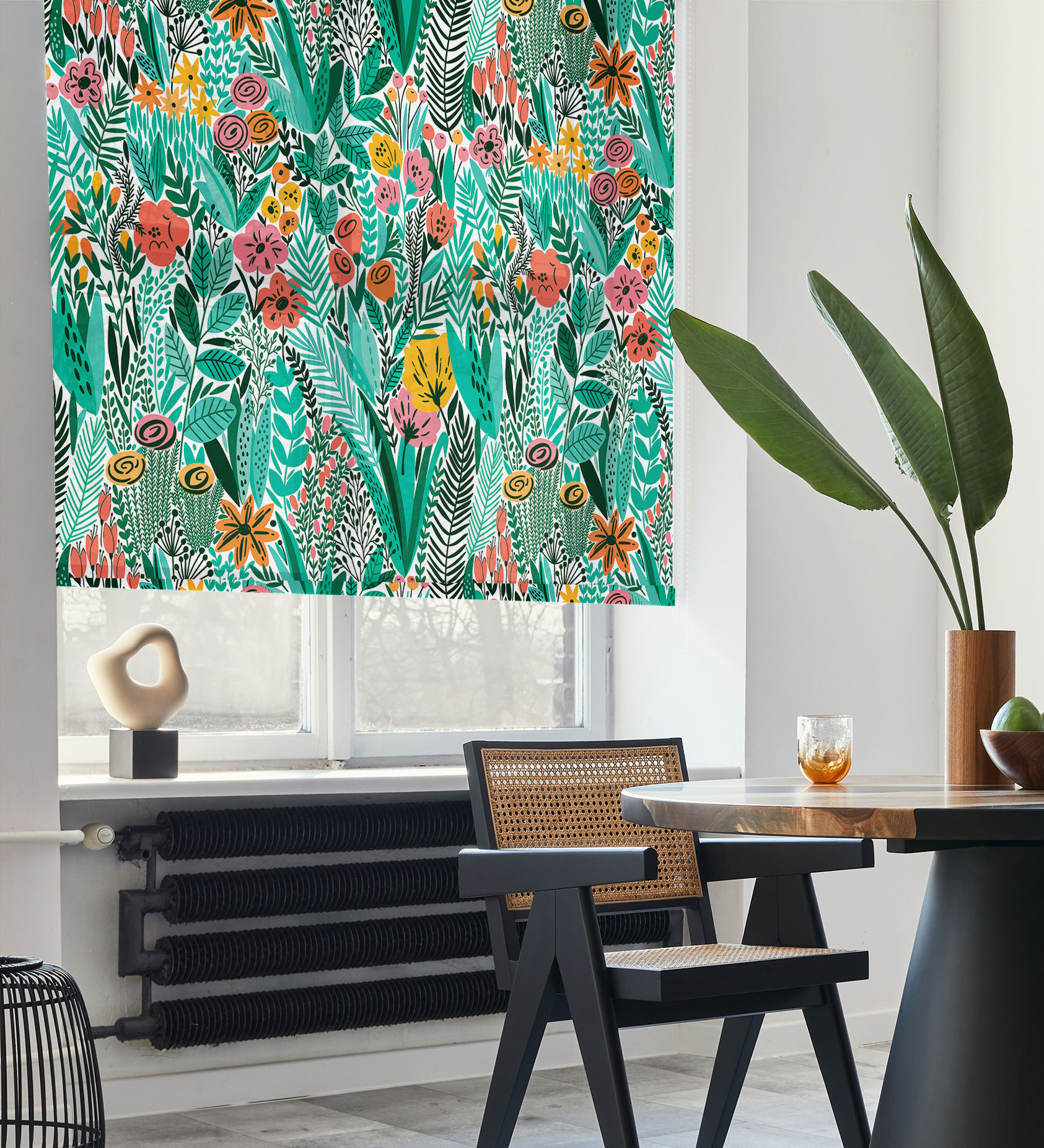 store enrouleur vert nature feuilles fleurs champetre