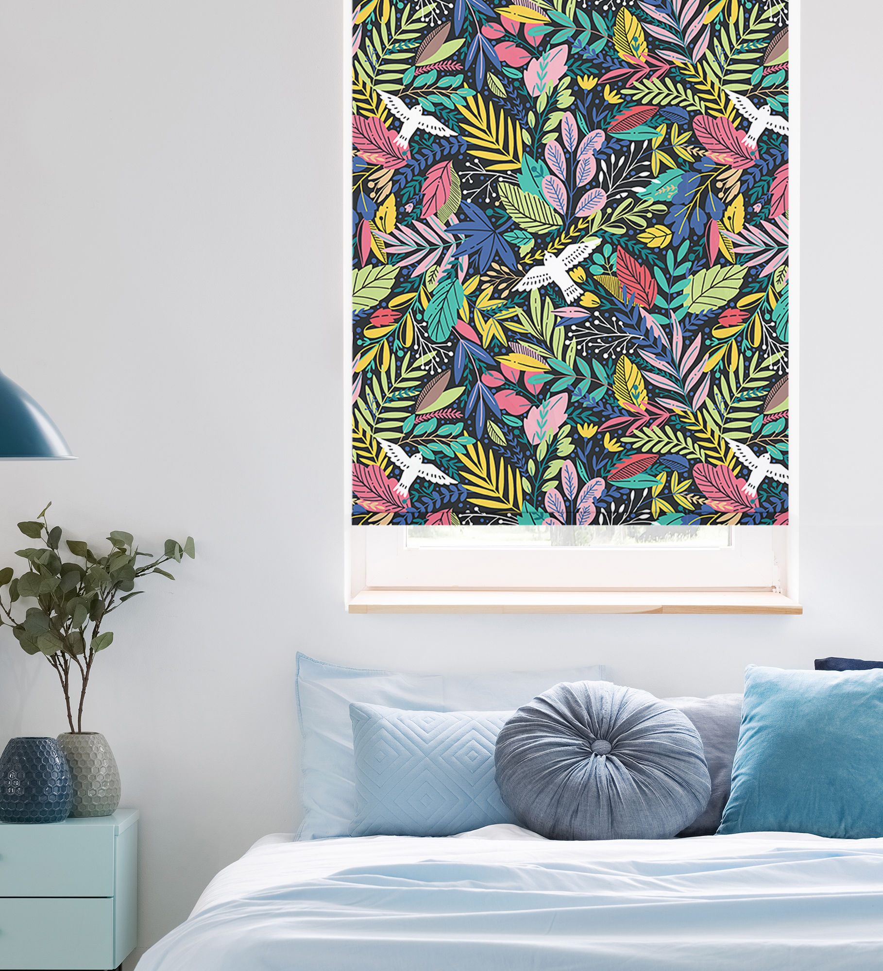 store enrouleur multicolore nature feuilles fleurs oiseaux champetre