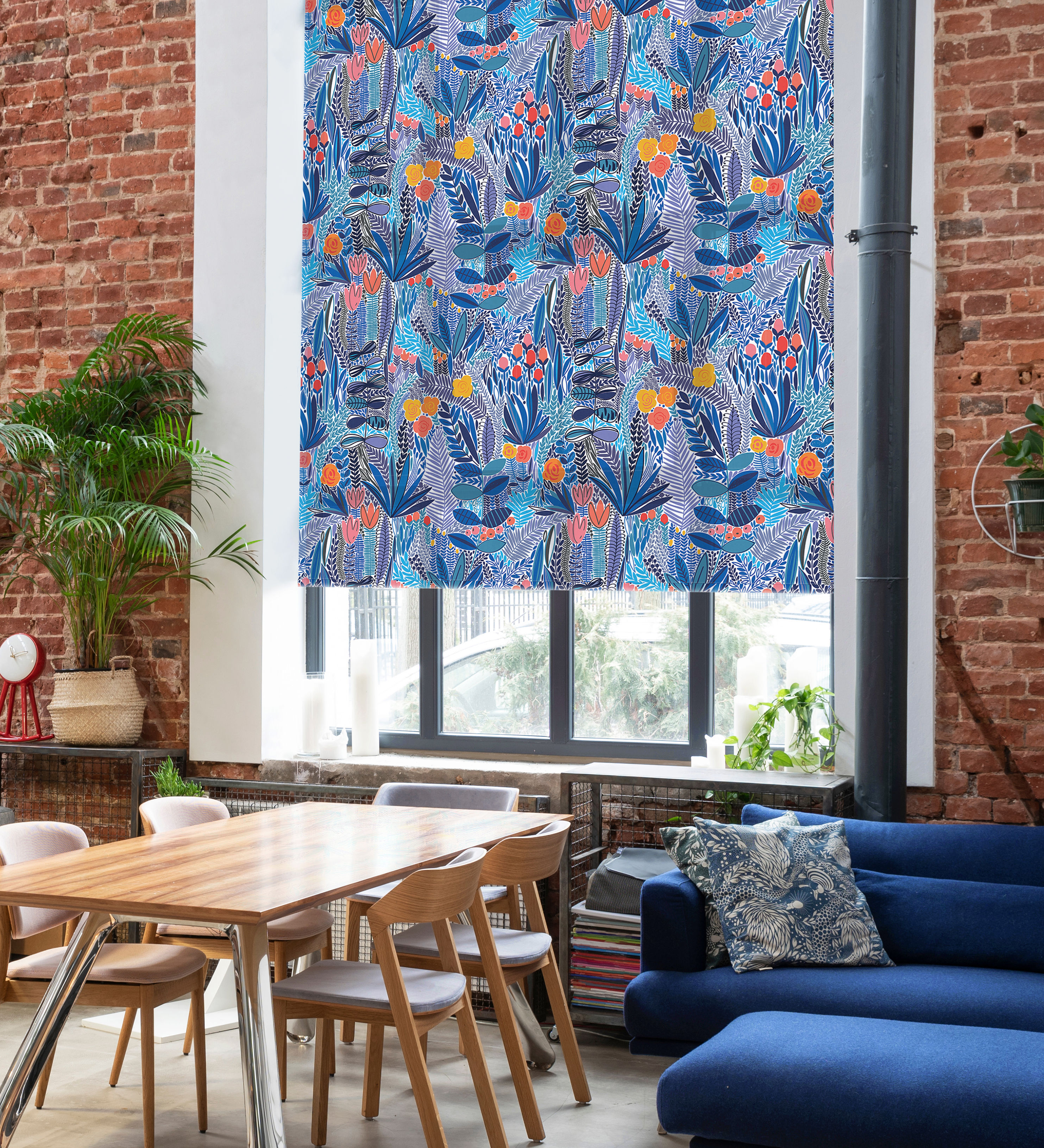 store enrouleur bleu nature feuilles fleurs champetre